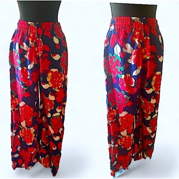Vintage Printed Wide Leg Red Floral Pants Smocked Waistband Women’s Size Medium - Picture 1 of 7
